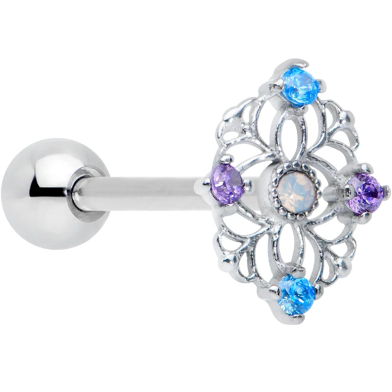 White Synthetic Opal Floral Web Barbell Tongue Ring